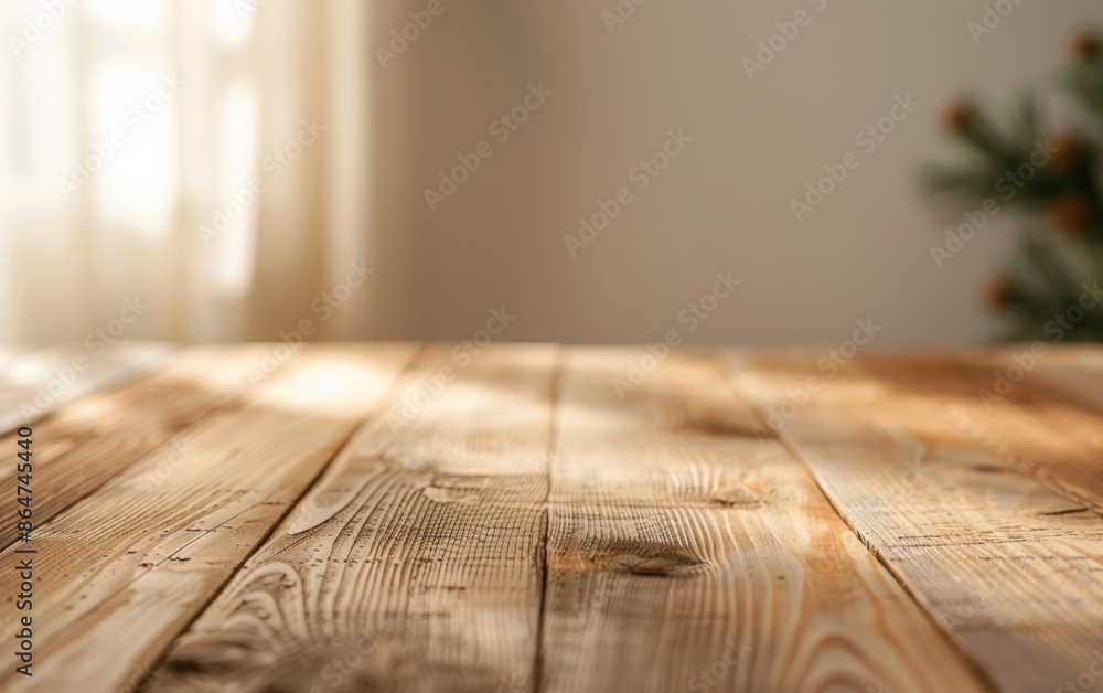 Poster sunlit wooden table with vibrant brown and beige blur background for product display, captured in mi
