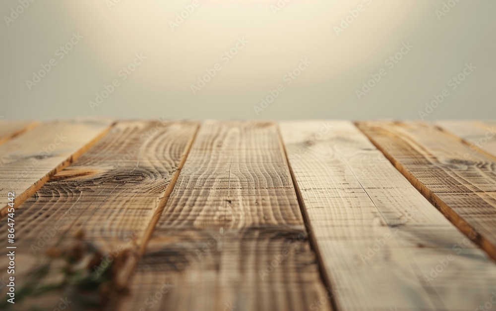 Poster minimalist vibrant brown wooden table with bokeh beige background for food-themed product display in
