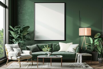 Modern Living Room With Green Sofa and Blank Poster Mockup