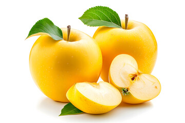Ripe Yellow Apples With Half of the Apple and Some Green Leaf Isolated on a White Background, a Slice of Apple, Half Cut of Apple