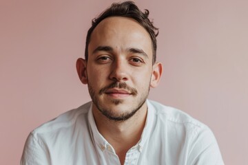 Fototapeta premium Portrait of a handsome young man in a white shirt on a pink background