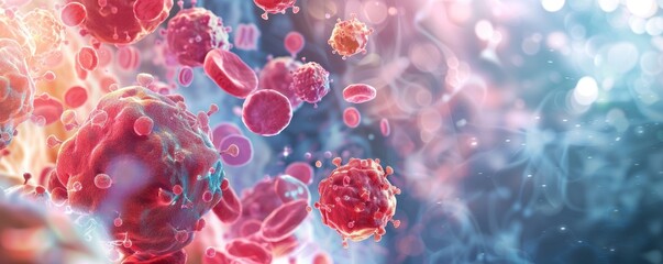 Microscopic view of cancer cells surrounded by red blood cells. 3D rendering of cancer cell growth and proliferation. Medical illustration of malignant tumor.
