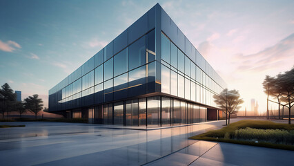Modern glass office building with copy space text for website, app, presentation, and social media.