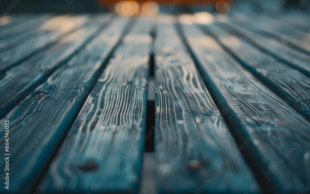 Poster sunlit striped wooden table with cobblestone background in urban setting, perfect for product displa
