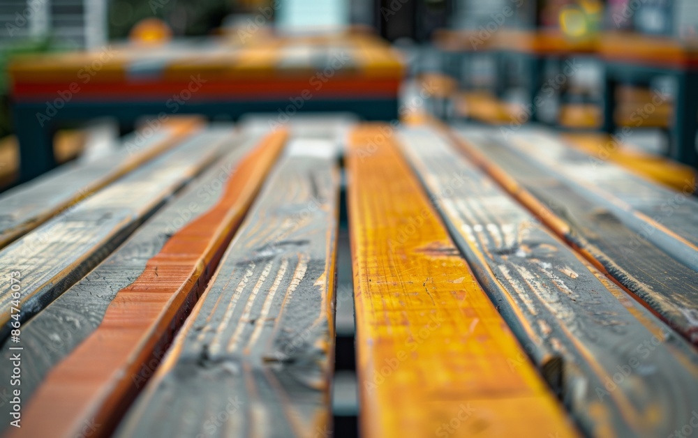 Poster vibrant striped wooden table highlighted by soft sunlight in urban setting, ideal for product displa
