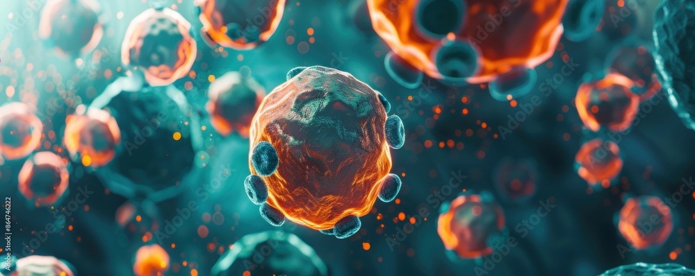 Poster microscopic view of red and orange virus cells spreading and multiplying in a green background. abst