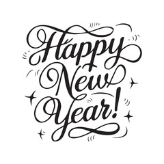 Elegant Script Happy New Year Typography with Flourishes on White Background