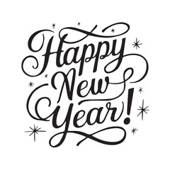 Elegant Script Happy New Year Typography with Flourishes on White Background