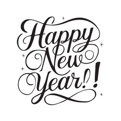 Elegant Script Happy New Year Typography with Flourishes on White Background