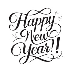 Elegant Script Happy New Year Typography with Flourishes on White Background