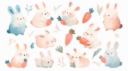 Obraz premium Cute watercolor bunnies with carrots and strawberries, copy space text for website, app, presentation, and social media.