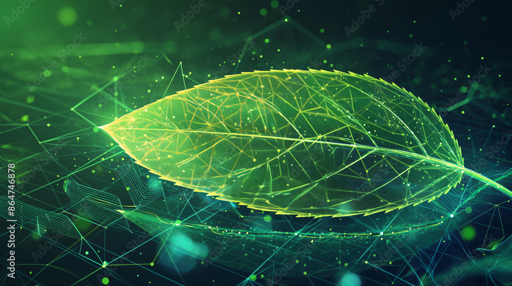 Aufkleber abstract green leaf with digital lines and dots, background with copy space text for website, app, p