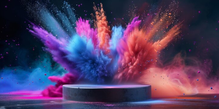 A black podium set against the dynamic backdrop of a full-color explosion, ideal for showcasing products or event displays with vibrant energy