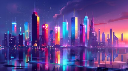 Obraz premium A futuristic city skyline at dusk, vibrant with neon lights, and giant colorful pudding buildings reflecting off glass skyscrapers.