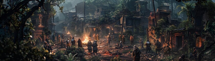 Obraz premium Group of people gathered around campfire in ancient jungle ruins, surrounded by dense vegetation and misty atmosphere, depicting adventure and mystery.
