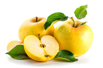 Ripe Yellow Apples With Half of the Apple and Some Green Leaf Isolated on a White Background, a Slice of Apple, Half Cut of Apple