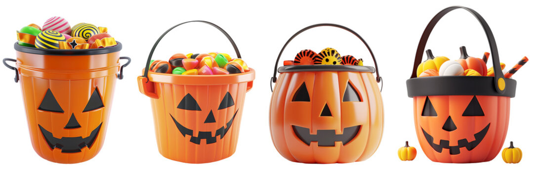 4 styles of candy bucket with scary pumpkin face design for trick or treat. Set of isolated Halloween decorations on transparent background.