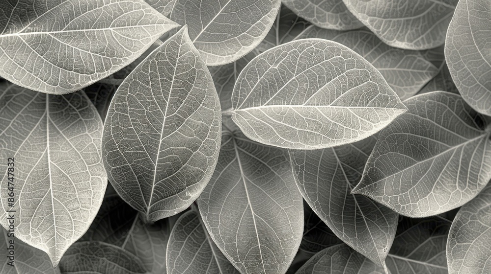 Poster close-up of symmetrical leaves, their intricate patterns forming a harmonious design on a minimal ba