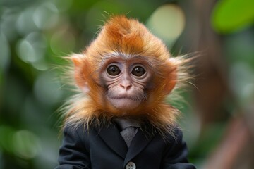 Fototapeta premium A close-up of a monkey wearing a tailored suit and tie, standing confidently in a jungle, symbolizing the blend of wildness and sophistication. AI Generative.