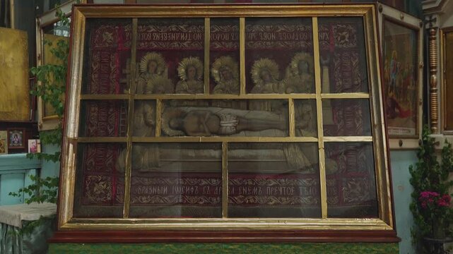 A holy icon depicting the faces of saints. Religion, Orthodoxy, Christianity. The Church of the Ascension of the Lord. Kasli, Russia.