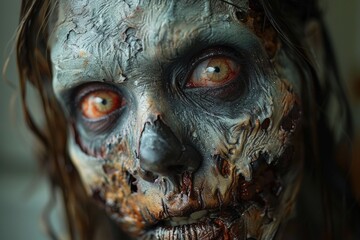 Close-up of a terrifying zombie face with decayed skin and gory details, ideal for horror and Halloween themes using AI Generative.