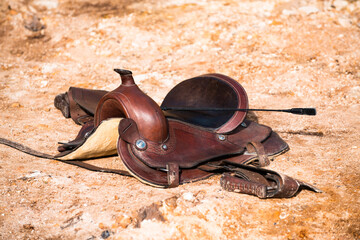 The Saddle and whip. Jockey Equestrienne equipment.
