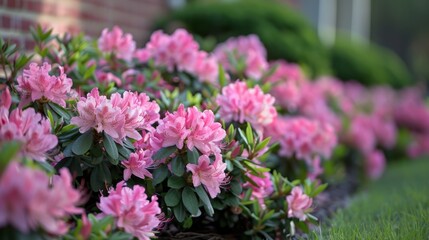 Perennial flowering shrubs in full bloom, their lush flowers and leaves creating a striking scene against a simple backdrop.