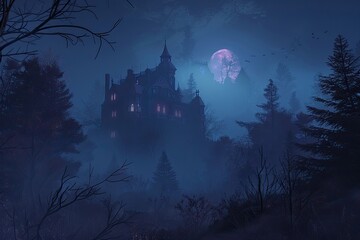 Fototapeta premium A Haunted Mansion in a Foggy Forest Under a Full Moon
