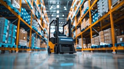 Naklejka premium Intelligent forklift controlled by AI, utilizing augmented reality holograms for storage tasks in a modern warehouse, emphasizing automation in logistics.