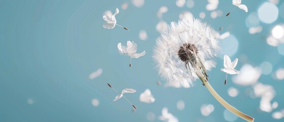 Delicate dandelion seeds floating with enchanting bokeh effects, blue background, ample space for text, tranquil and dreamy