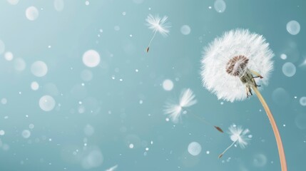 Floating dandelion seeds against a blue backdrop, mesmerizing bokeh effects, tranquil atmosphere, ample space for text, serene and delicate