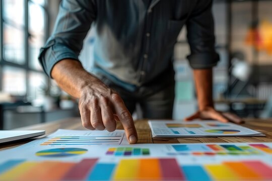 Businessman showcasing brand development strategies with creative marketing visuals, brand building