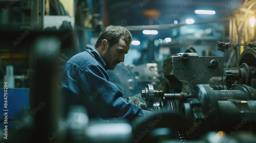 Poster smart engineer checking iron machine in factory while wearing safety helmet. professional industrial