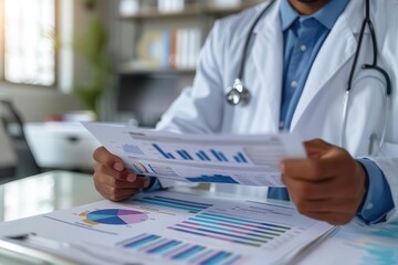 Medical professional explaining clinical trial results with comprehensive charts, research progress