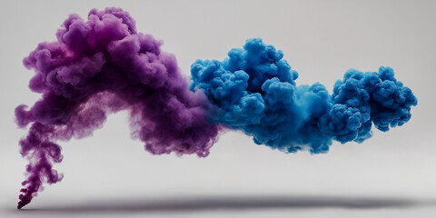 Lila und blaue Rauchwolken vereinen sich auf faszinierende Weise in der Luft, eine dynamische Darstellung von Farben und Bewegung, die an ein abstraktes Kunstwerk erinnert