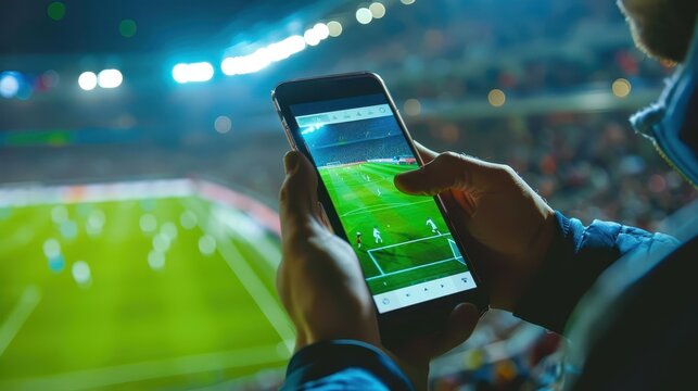 Man watches soccer match on phone