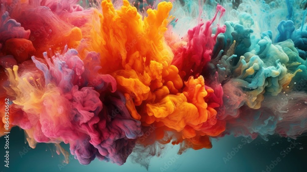 Poster explosive color burst in orange and blue. horizontal image of exploding motion of multicolored powde