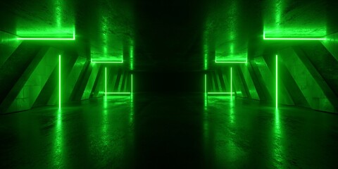 Vibrant Spaceship Alien Neon Lasers Cyberpunk Stage Podium Glowing Tunnel Corridor Realistic Sci Fi Futuristic Dark Concrete Grunge Basement Underground Parking Showroom 3D Rendering