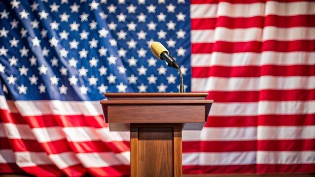 Empty podium with microphone and United States flag in the background, awaiting a female leader's speech, symbolizing female empowerment.