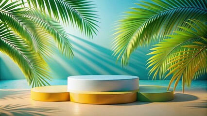 Obraz premium Vibrant summer beach-inspired abstract background with minimalist realistic podium display for showcasing summer-themed cosmetics or products in a stylish setting.