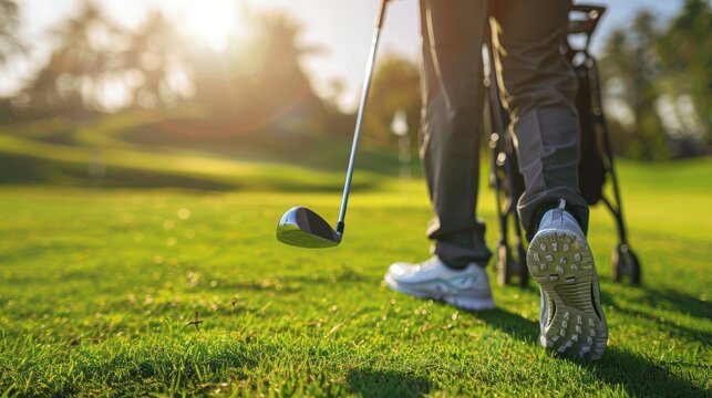 Close-up of a golfers shoe on a green golf course