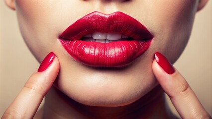 Fototapeta premium Vibrant close-up of feminine lips, subtly highlighted with lipstick, against a soft cream-colored background with elegant hand gesture.