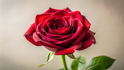 A solitary, exquisitely bloomed, velvety red rose, set against a soft, creamy white background, evoking luxury and refinement.