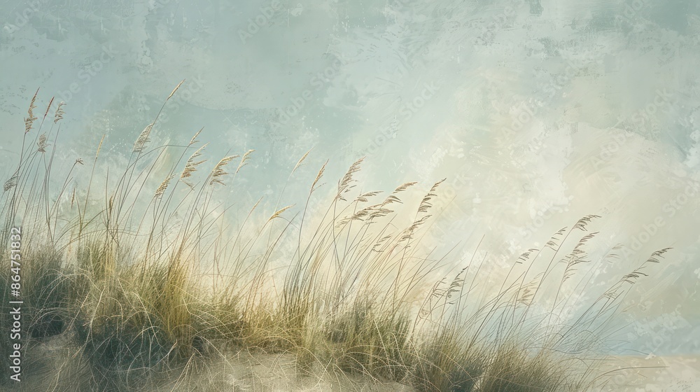 Aufkleber a painting of a field of grass with a cloudy sky in the background