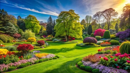 Fototapeta premium Serene and vibrant landscape of a perfectly maintained garden featuring lush green lawns, majestic trees, and colorful blooming flowers everywhere.