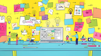 Fototapeta premium Creative Workspace with Sticky Notes and Lightbulbs