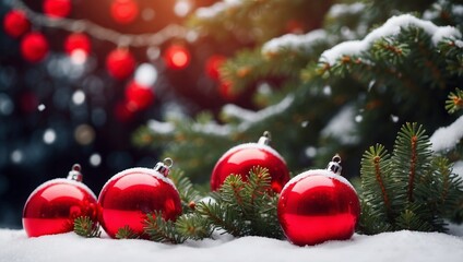 christmas and new year holidays concept Red balls on fir branches, winter snowy backdrop festive winter season background template for design banner, copy space.