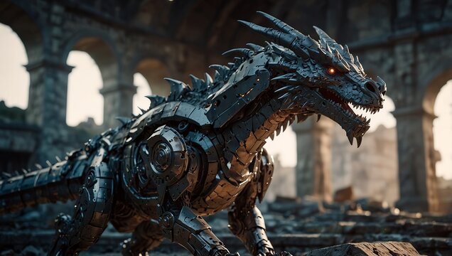 Futuristic dragon mech exploring ancient ruins soft light blending past and future stock photo ready.