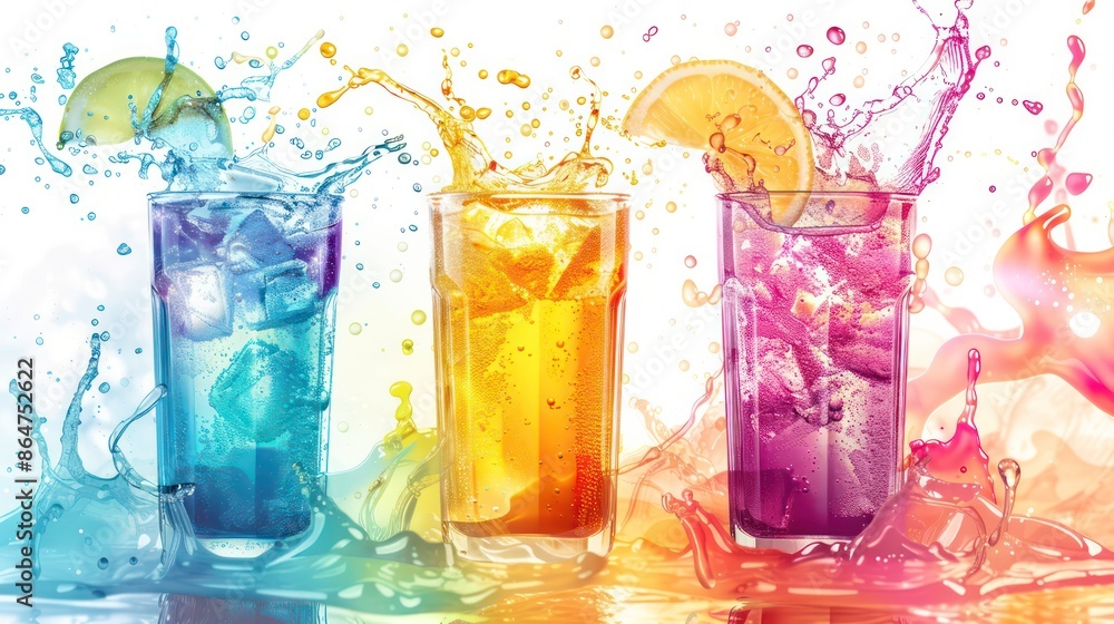 Poster Three colorful drinks with a splash of color in the background