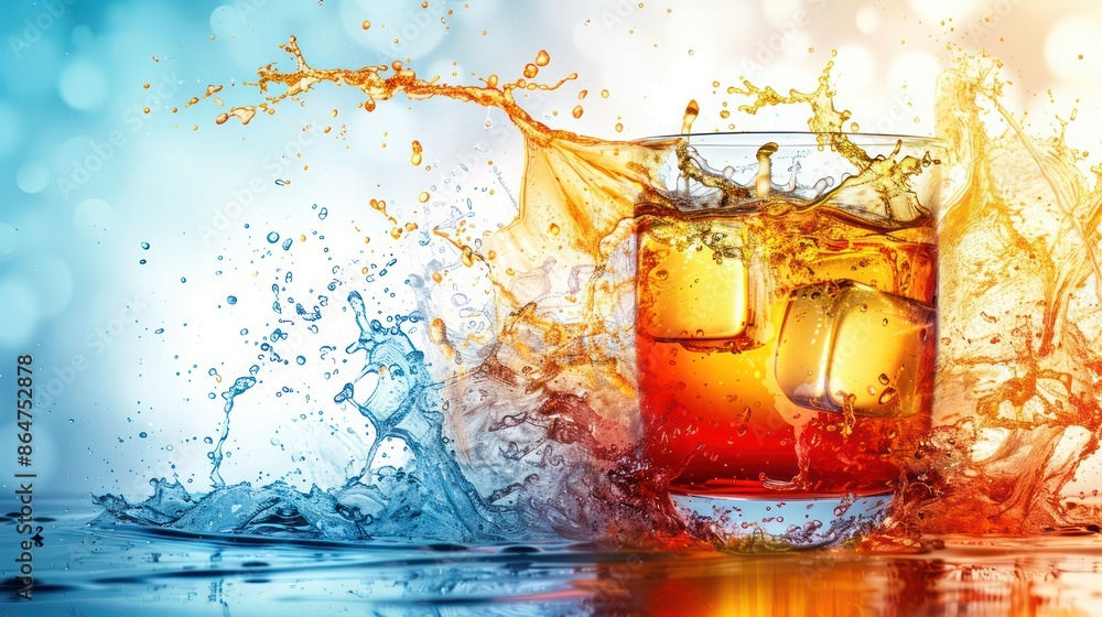 Poster a glass of mixed drink with ice cubes in it is splashing water around it